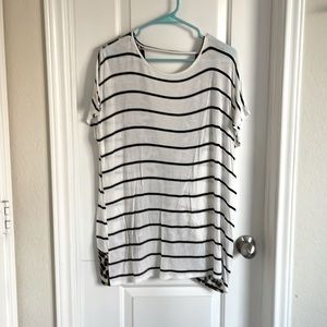 Black and white striped top with leopard print accent cross back